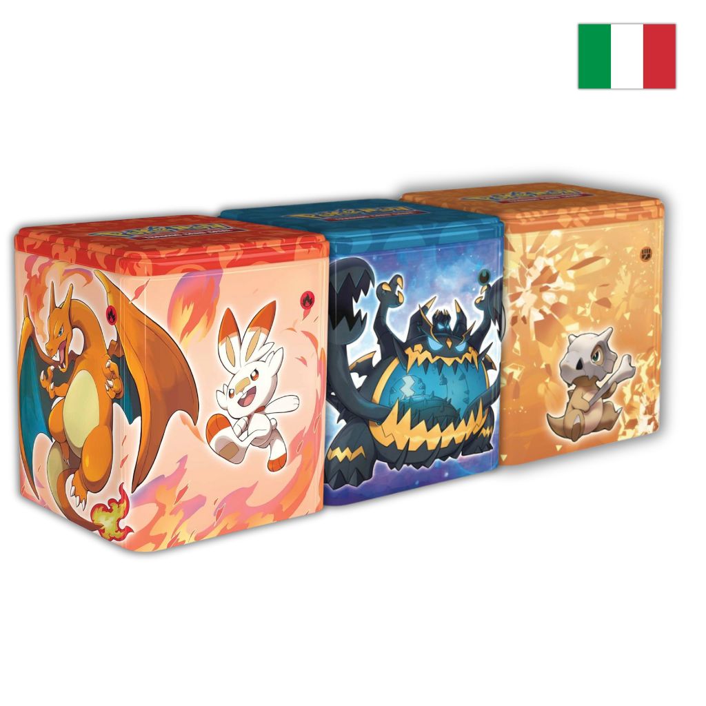 Pokémon Card Game | Tris Stacking Tin da Collezione Tipo: Fuoco, Lotta e Buio (IT)