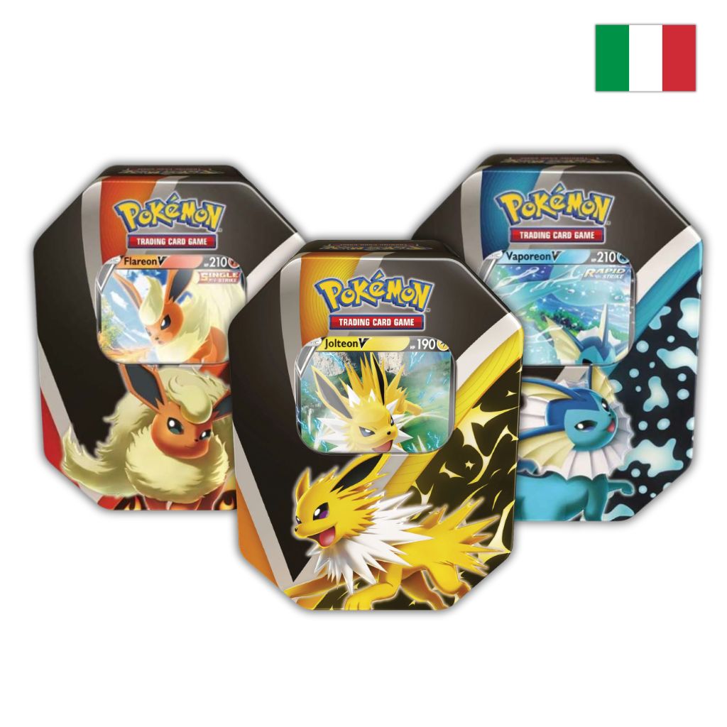 Pokémon Card Game | Tris Tin da Collezione Evoluzioni di Eevee: Flareon-V, Jolteon-V e Vaporeon-V (IT)